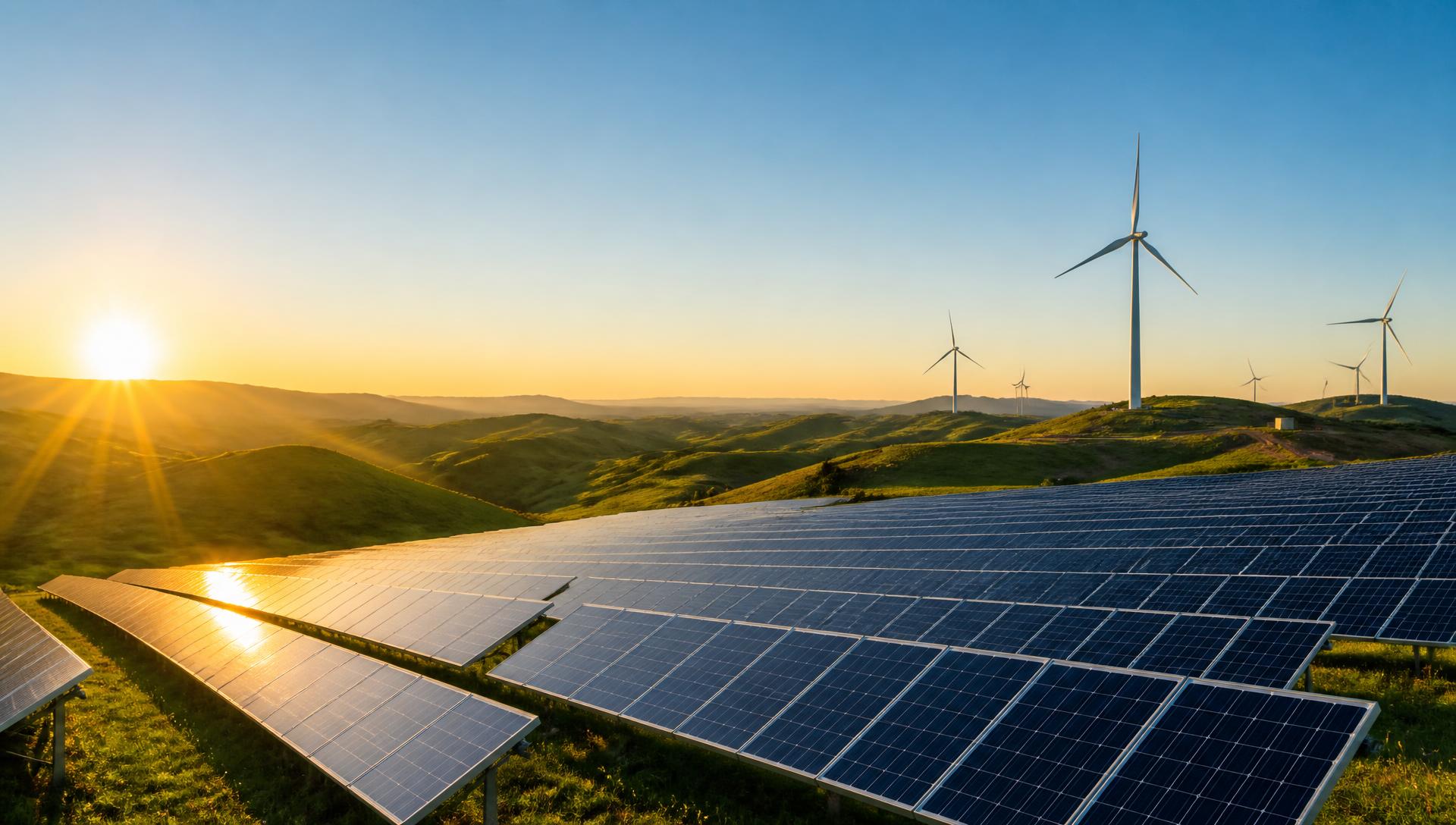 Solar panel farm with wind turbines at sunset