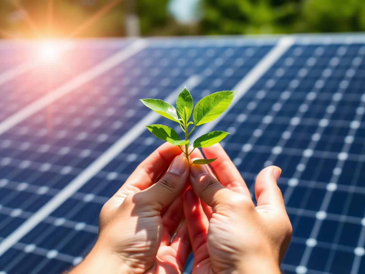 Hands holding a seedling in front of solar panels
